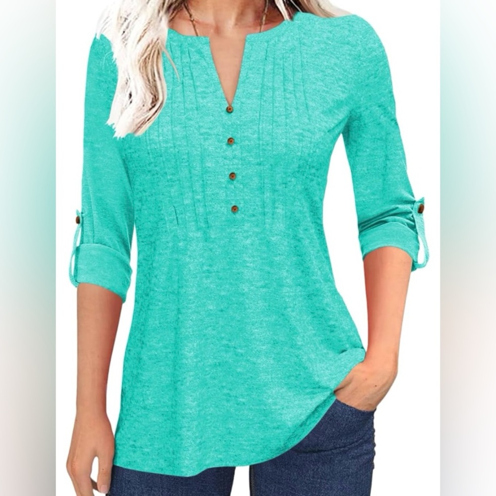 New Women's Fashion Long Sleeve T-Shirt Pleated Button V-Neck.